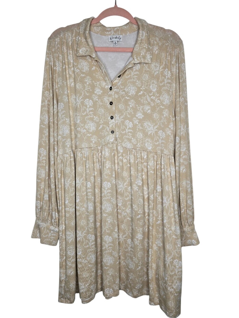 Wonderly tan and white floral printed long-sleeve dress